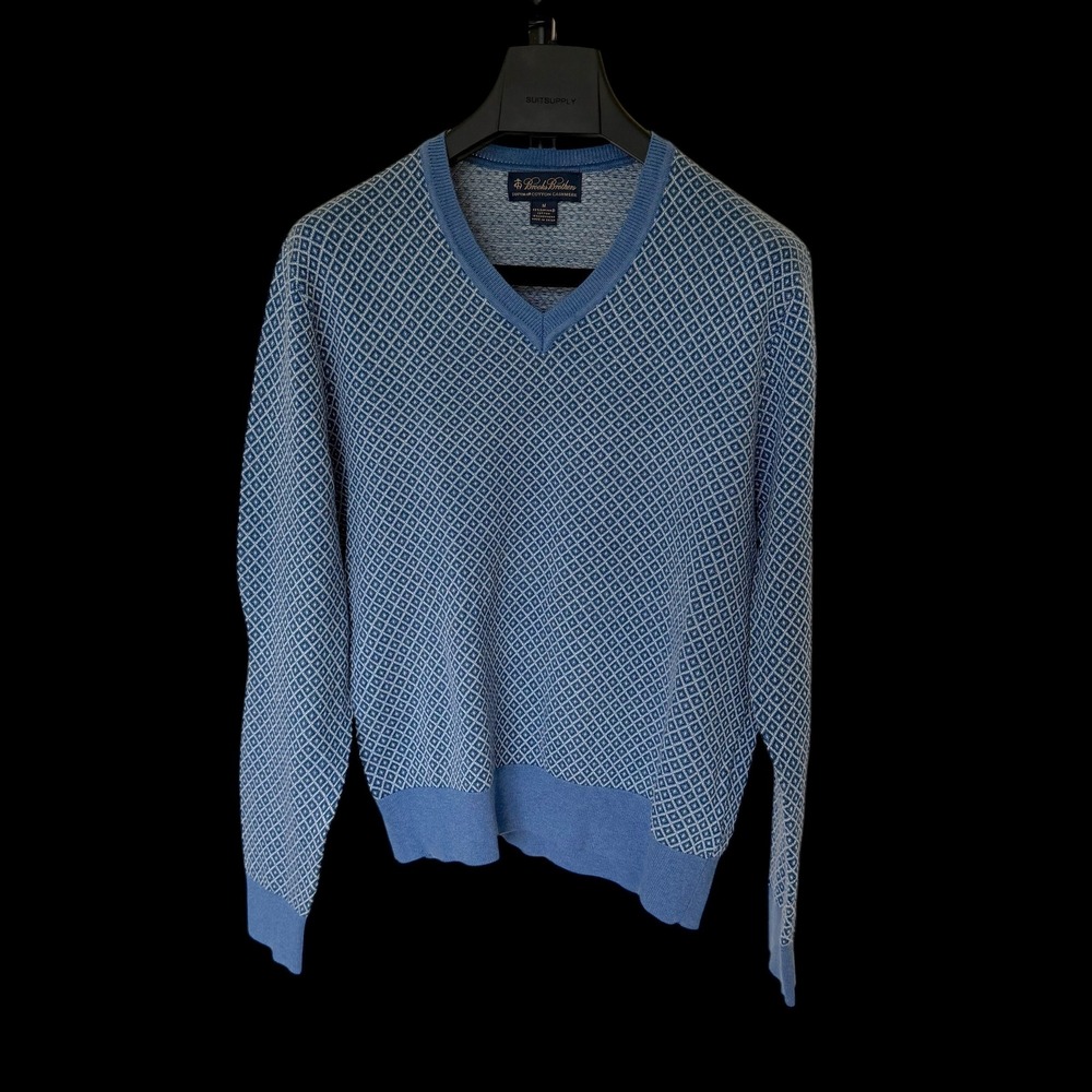 Brooks Brothers M Blue Supima Cotton Cashmere Diamond V-Neck Sweater